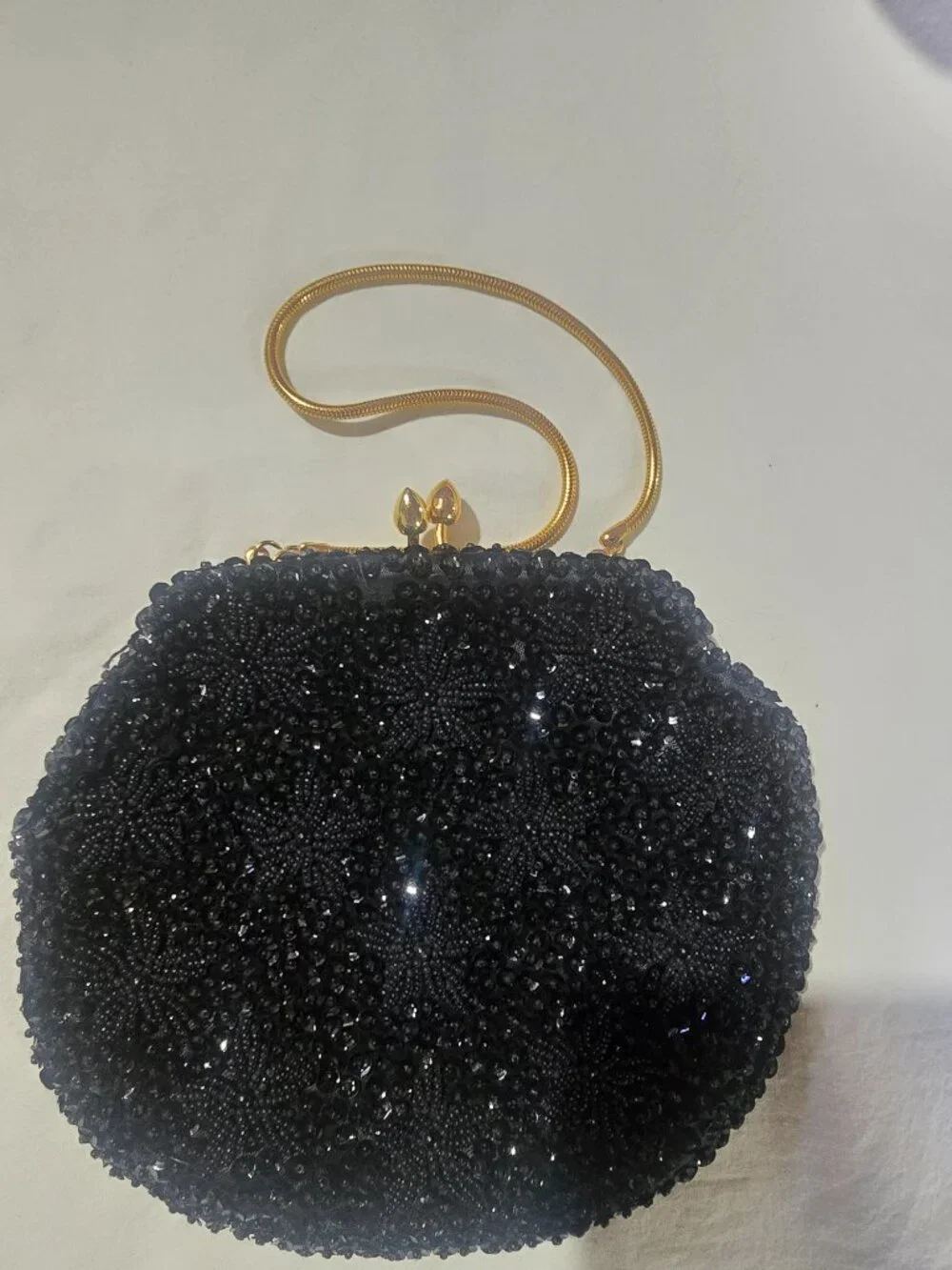Vintage Hand Made for Broadway Black Beaded Sequin Evening Bag Clutch Gold Chain
